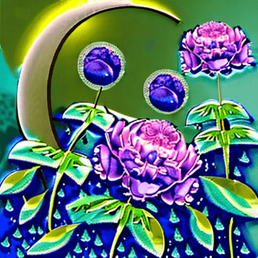 AI generated: A magical, hyperrealistic garden glowing under the soft light of a crescent moon. The garden is fill...