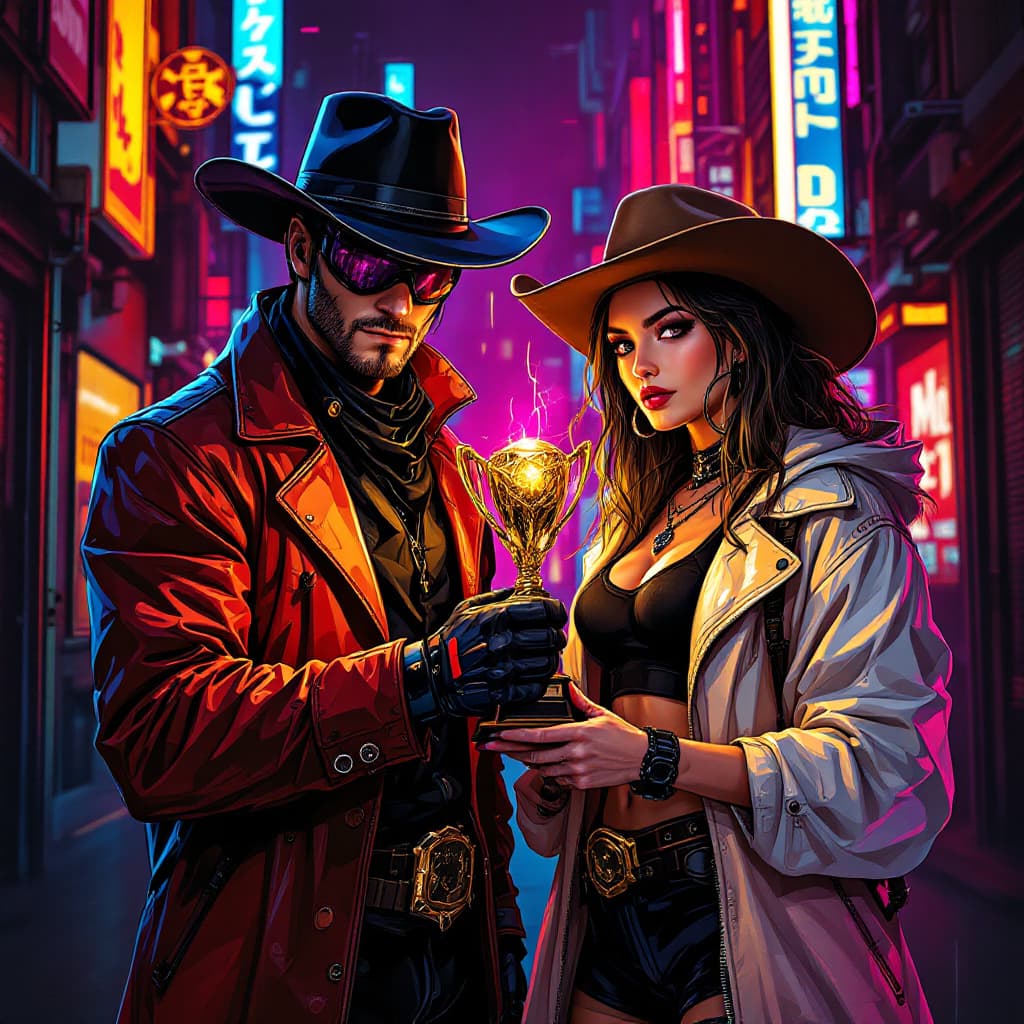 AI generated: cyberpunk cowboys and girls holding an award in a cyber punk business