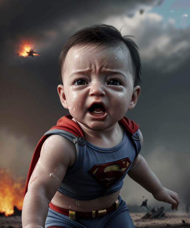 AI generated: realism, realistic, photography,very perfect,  war background, crashed plane, baby superman, baby cu...