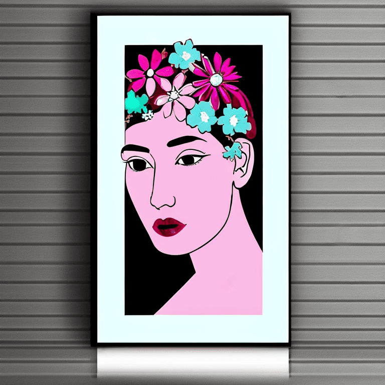 AI generated: a woman with flowers in her hair, in the style of poster art, dark white and light magenta, highly d...