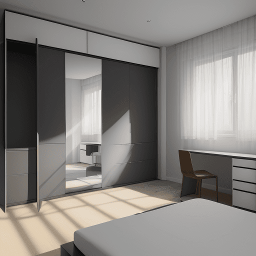 AI generated: The square bedroom, measuring 3 meters on each side, features a contemporary layout with a prominent...