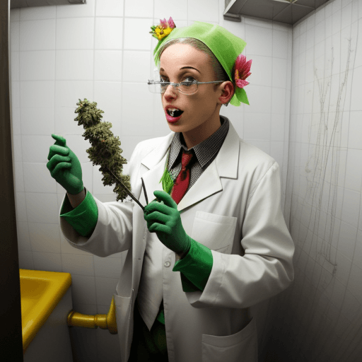 AI generated: a crazy chemist doing flowers of marijuana in a little bathroom