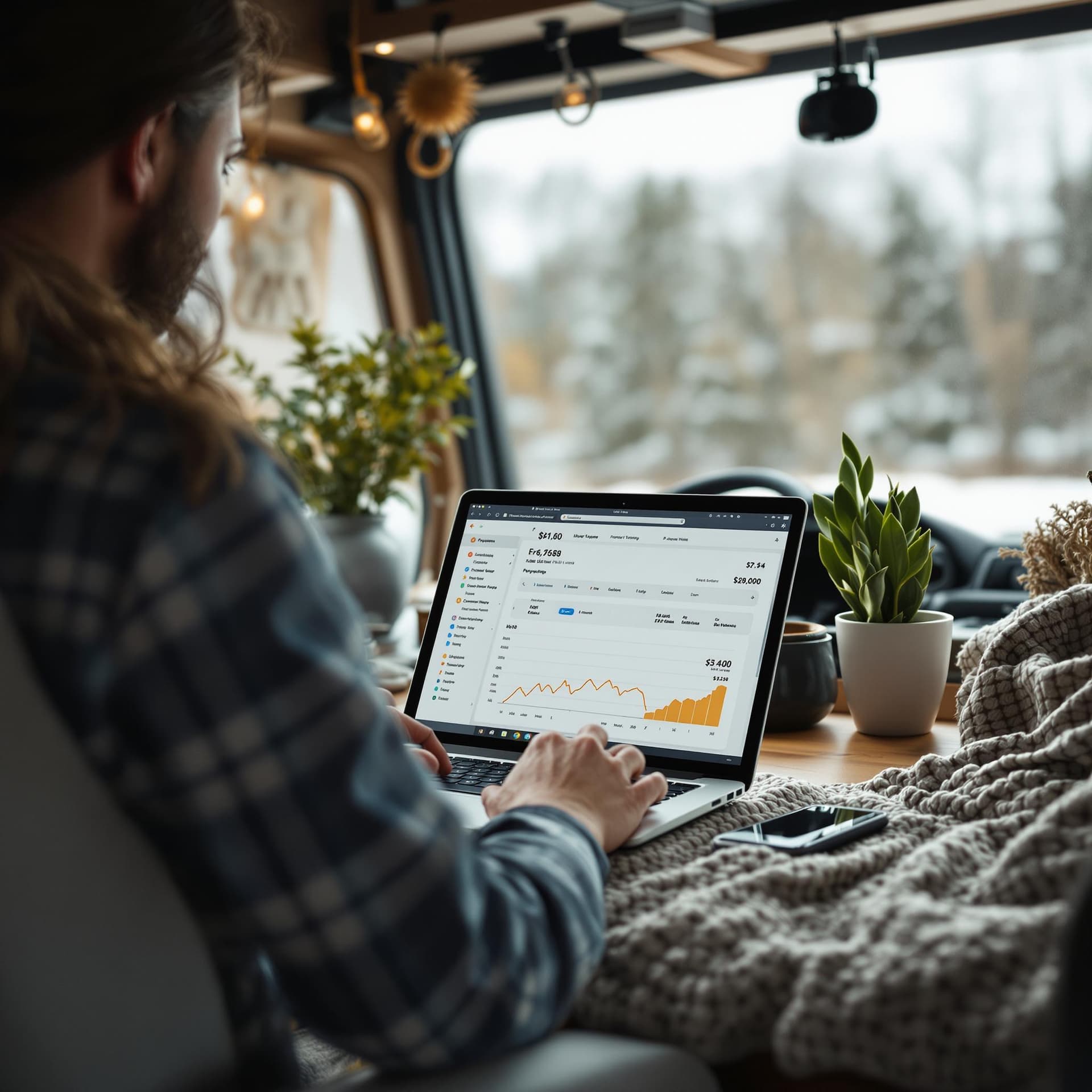 AI generated: : A person tracking expenses on a laptop in a cozy van interior. dslr, ultra quality, sharp focus, t...