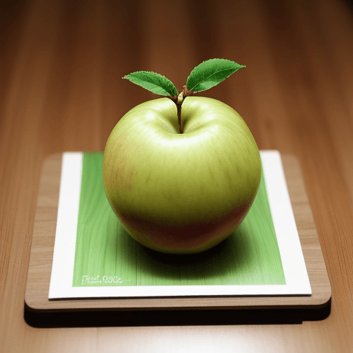 AI generated: Crear una fotografia de una manzana de color verde, sobre una meza de madera. dentro de la manzana d...