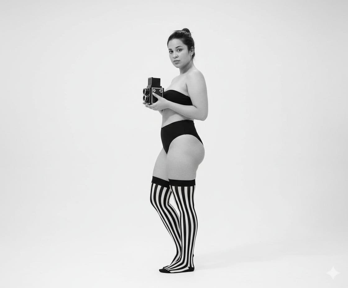 AI generated: A fine art black-and-white photograph capturing a woman in a thoughtful, serene pose. She stands bar...