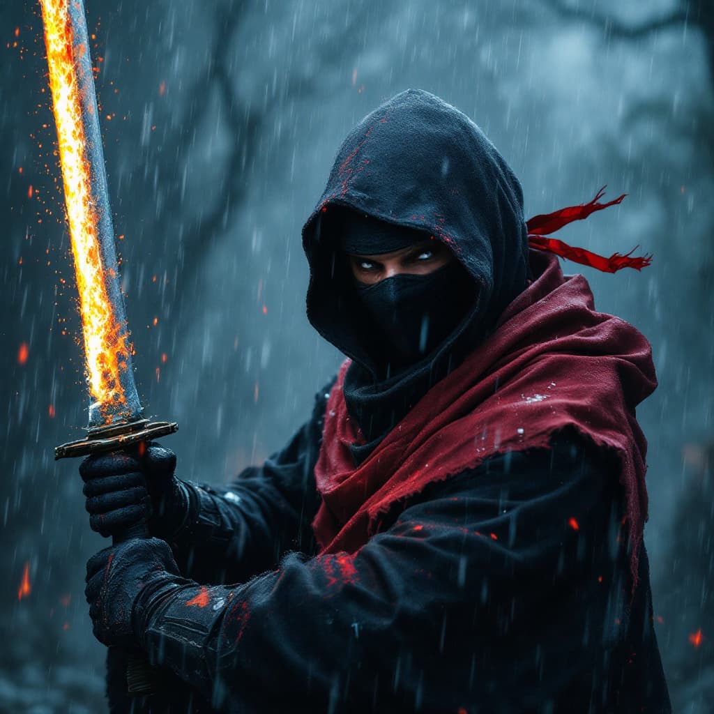 AI generated: A ninja with a sword in the rain 