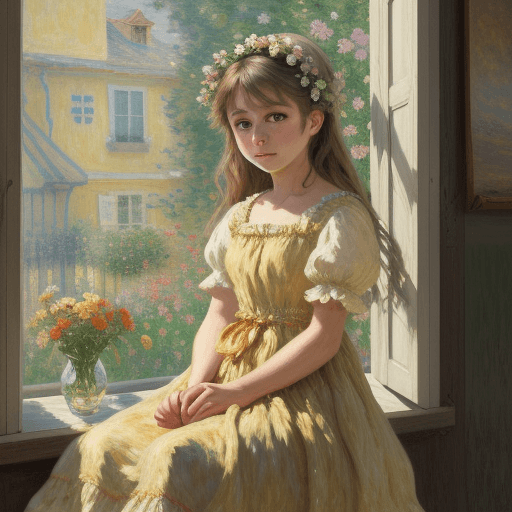 AI generated: oil painting of a beautiful girl in a summer dress sitting by a window holding flowers, in the style...