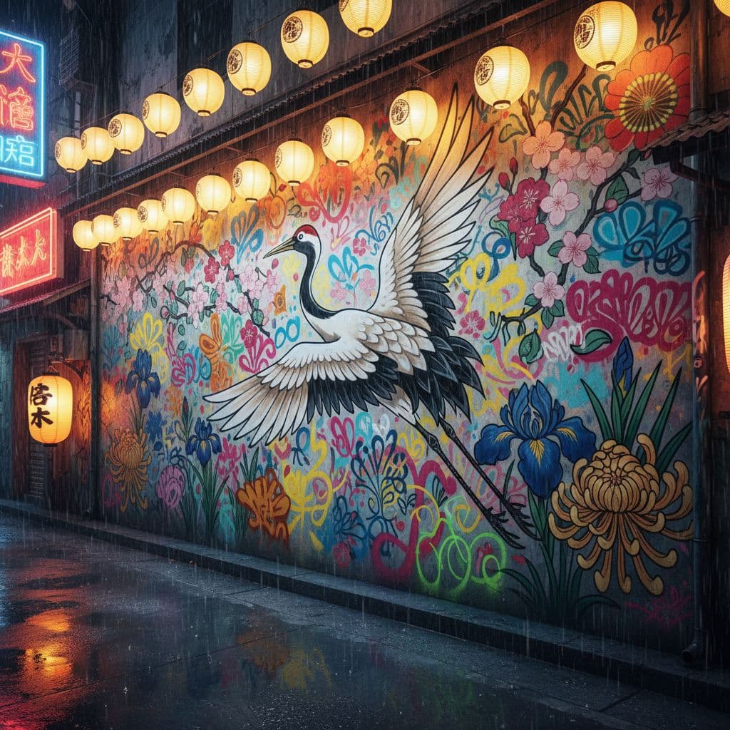 AI generated:  well-lit street scene mural with a japanese crane painting and colorful flowers and lighted by lant...