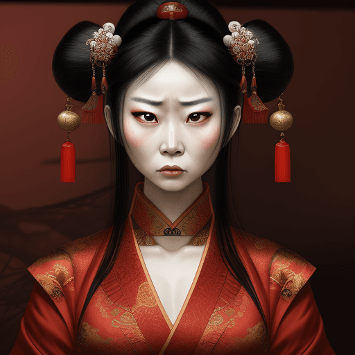 AI generated: Oriental Lady, intense stare yet still bound to misery