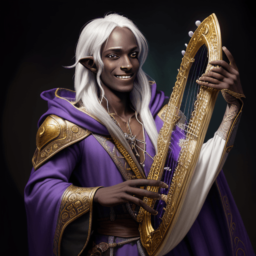 AI generated: Dungeons and Dragons 5e Male Half-Drow Bard, dark skin, chaotic neutral, airbrushed fantasy artwork,...