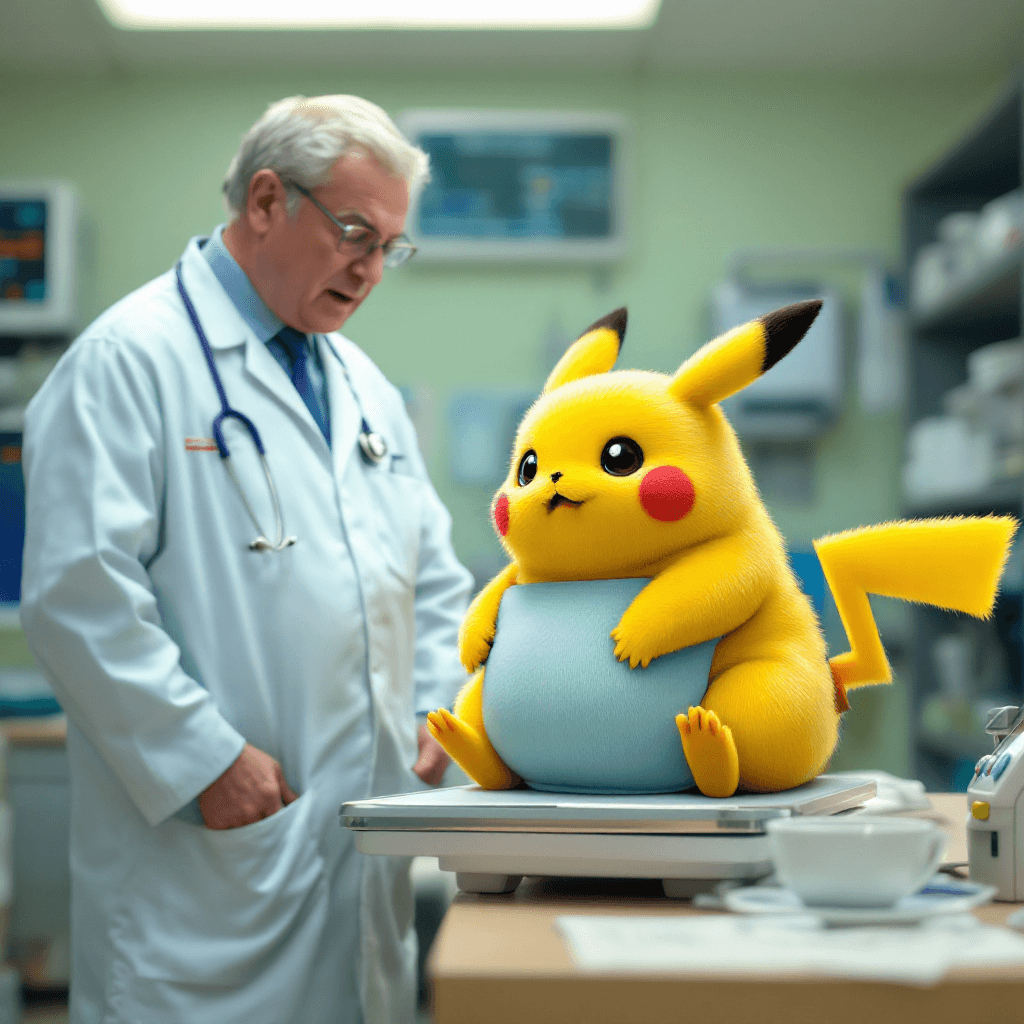 AI generated: cute realistic FAT Pikachu at the vet getting weighed on a pet scale, vet looking shocked at weight