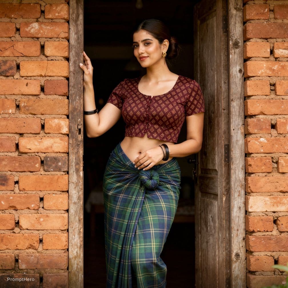 AI generated: A confident young woman standing in a narrow rustic doorway of an old brick house, natural candid po...