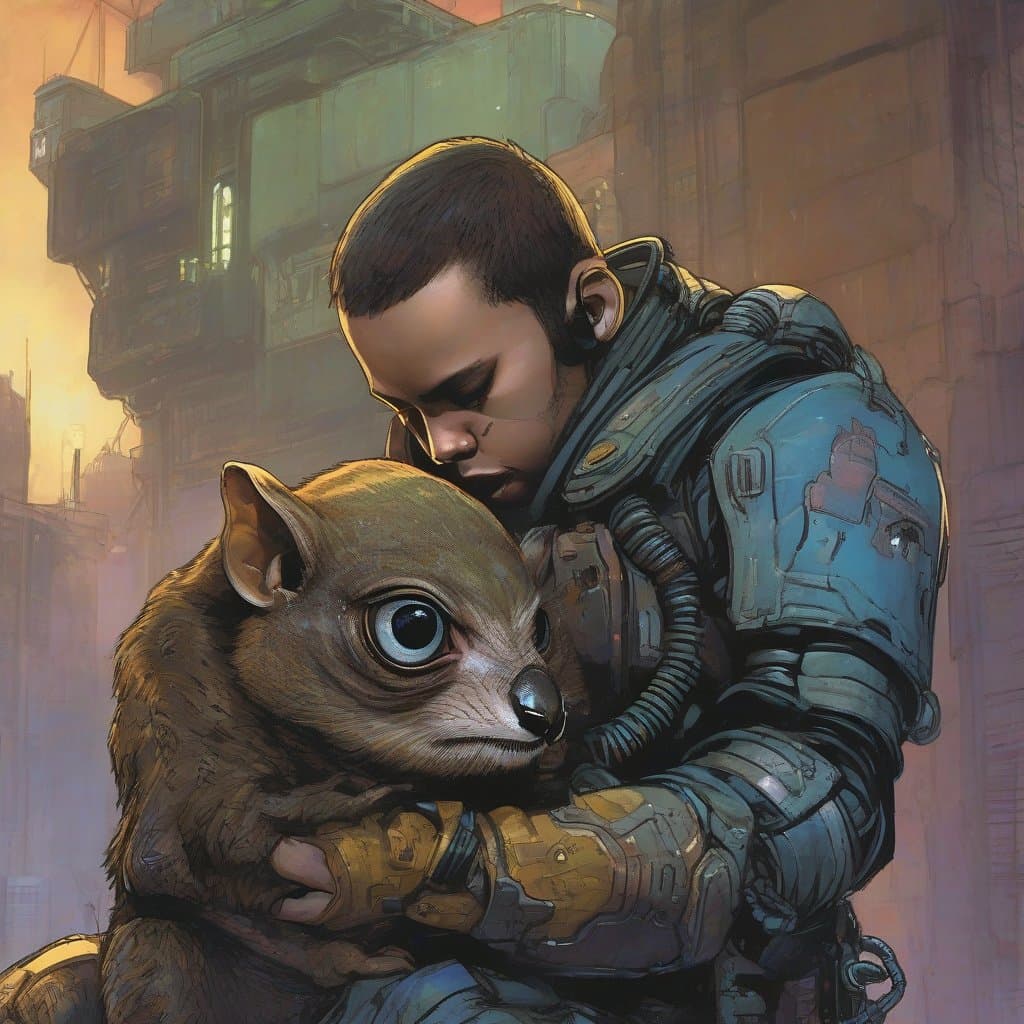 AI generated: An illustration of a young space warrior, caressing his pet ((a fantastic otherworldly hybrid tarsie...