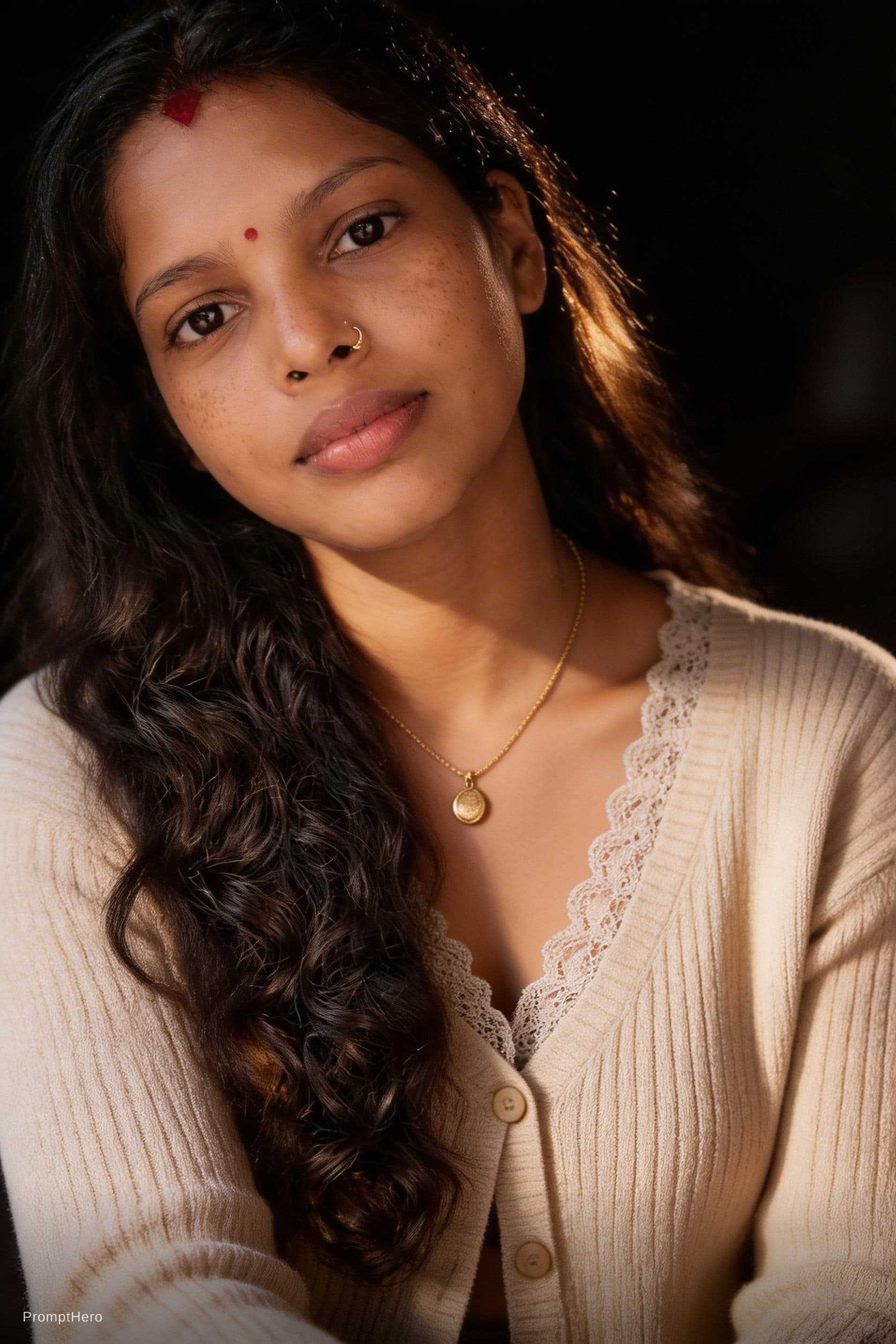AI generated: A photorealistic close-up portrait of an adult woman in a dimly lit, moody studio setting, captured ...