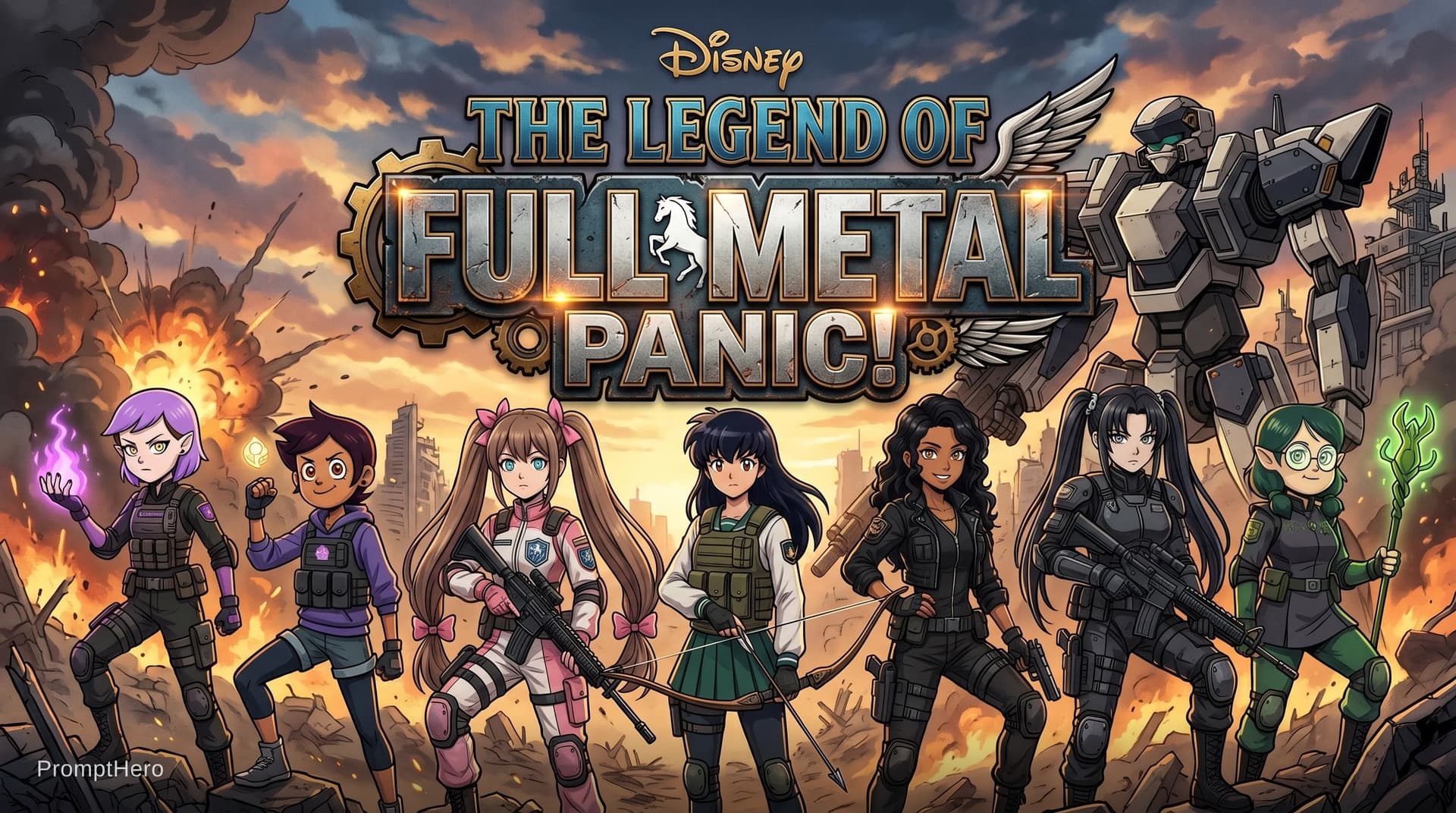 AI generated: Disney The Legend of Full Metal Panic! logo, featuring a teenage girl Pinkalicious Pinkerton with a ...