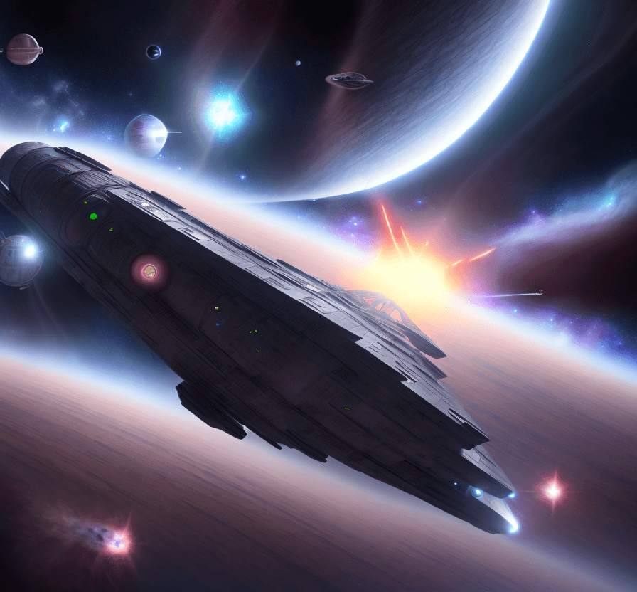 AI generated: a very sophisticated long spaceship is cruising thru deep space toward a desert icy planet.. big eng...