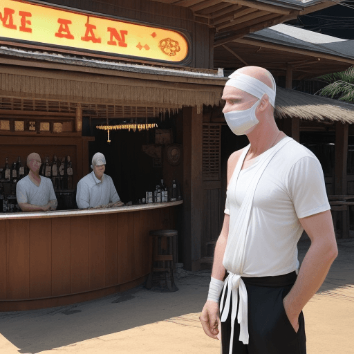 AI generated: 
/imagine prompt: [1] A tall white man in his 50's has a bandaged head and his right arm in a sling....
