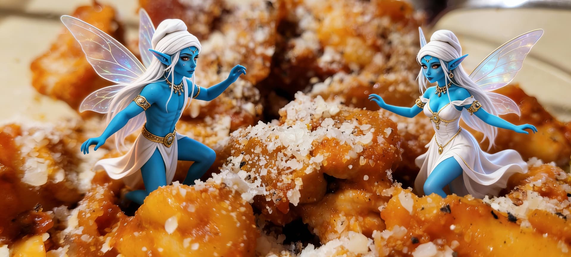AI generated: Two imagnery fairies one male one female are frollicing in a dish of gnocchi 