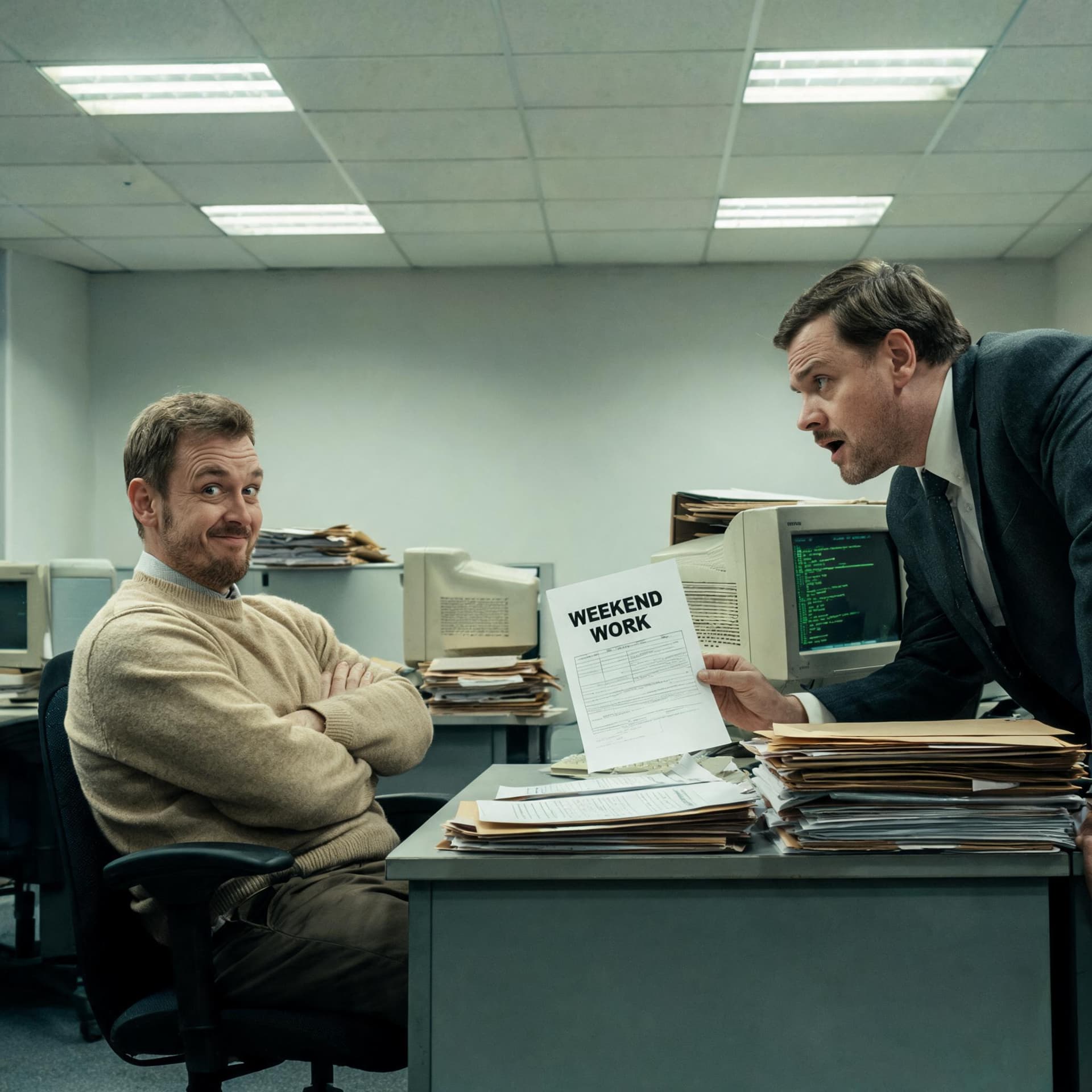 AI generated: A cinematic 1990s Scandinavian office comedy scene. A tired middle-aged office worker in a beige swe...