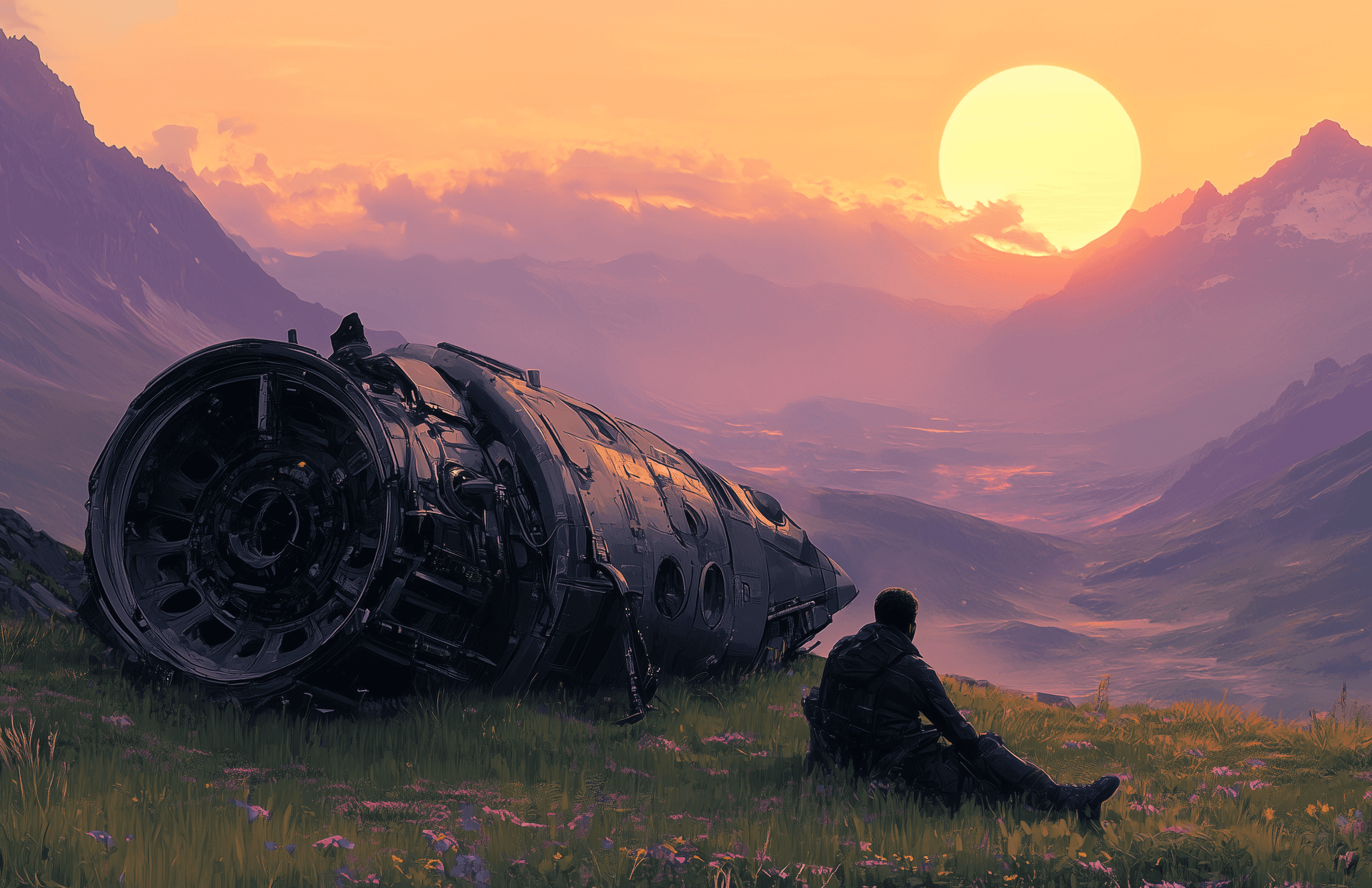 AI generated: Concept art of an old black and silver spacecraft wreckage in the foreground, sitting on its side. N...