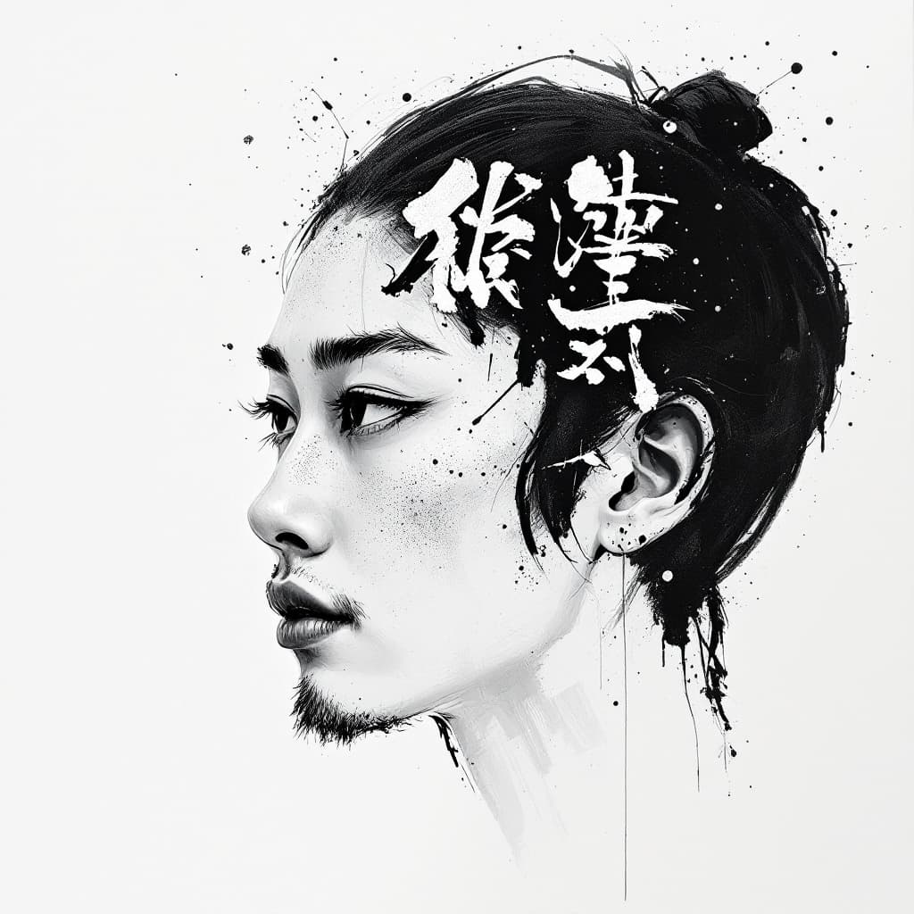 AI generated: A holographic, black and white profile portrait with Chinese calligraphy-style characters on the hea...