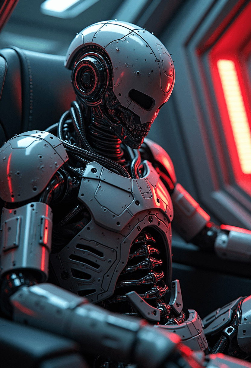 AI generated: Ultra-detailed cyborg in a spaceship, with anthropomorphic cybernetic skeleton elements on metal arm...