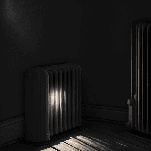 AI generated: Useless  home radiator that consumes energy , in the detailed dark forest ,the floor below the radia...