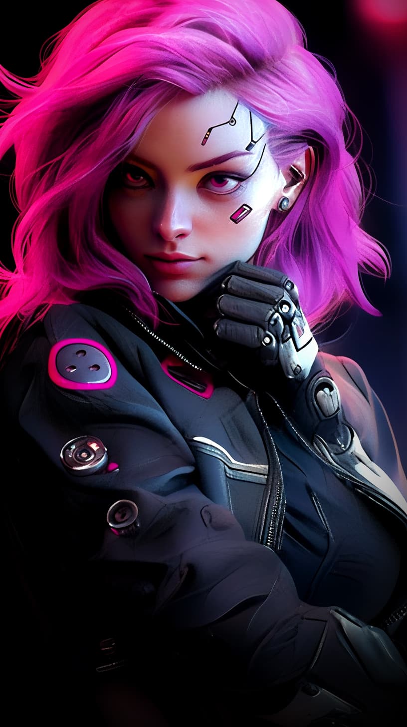 AI generated: Pretty female android with colored magenta eyes, magenta hair, wearing a black jacket, cyberpunk, ou...