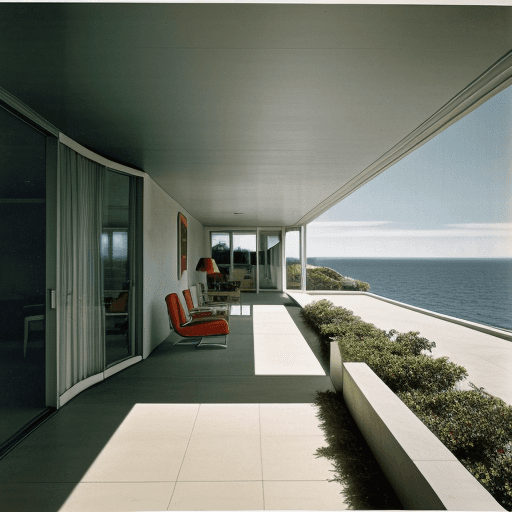 AI generated: Hyper realistic eye level exterior photo of a mid century modern style house overlooking the ocean, ...