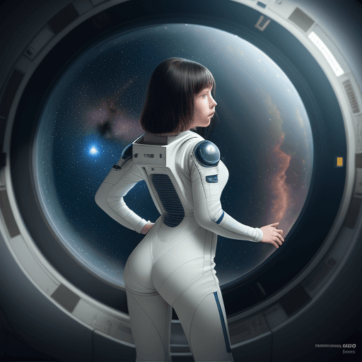 AI generated: girl dressed in space suit, standing inside spaceship, rear view, (((bottomless))), looking at cosmo...