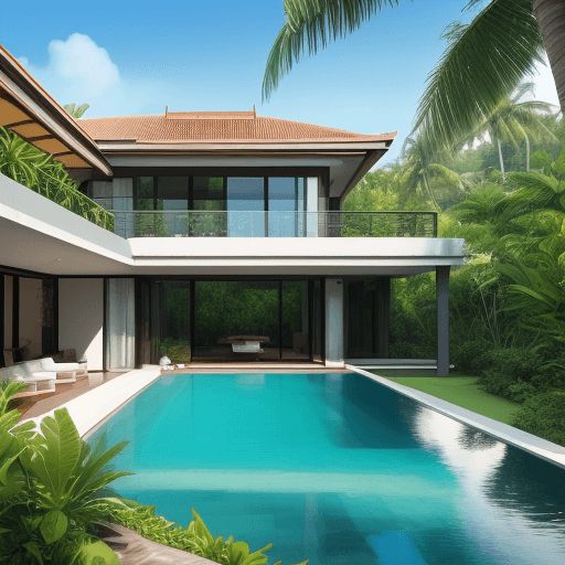 AI generated: indochine-modern mega villa by the sea with swimming pool and green space with beautiful open space ...