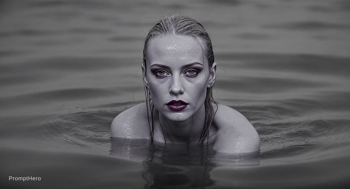 AI generated: photo of a woman in the water, black and white with pops of color, frameless, freya, droplets, magaz...