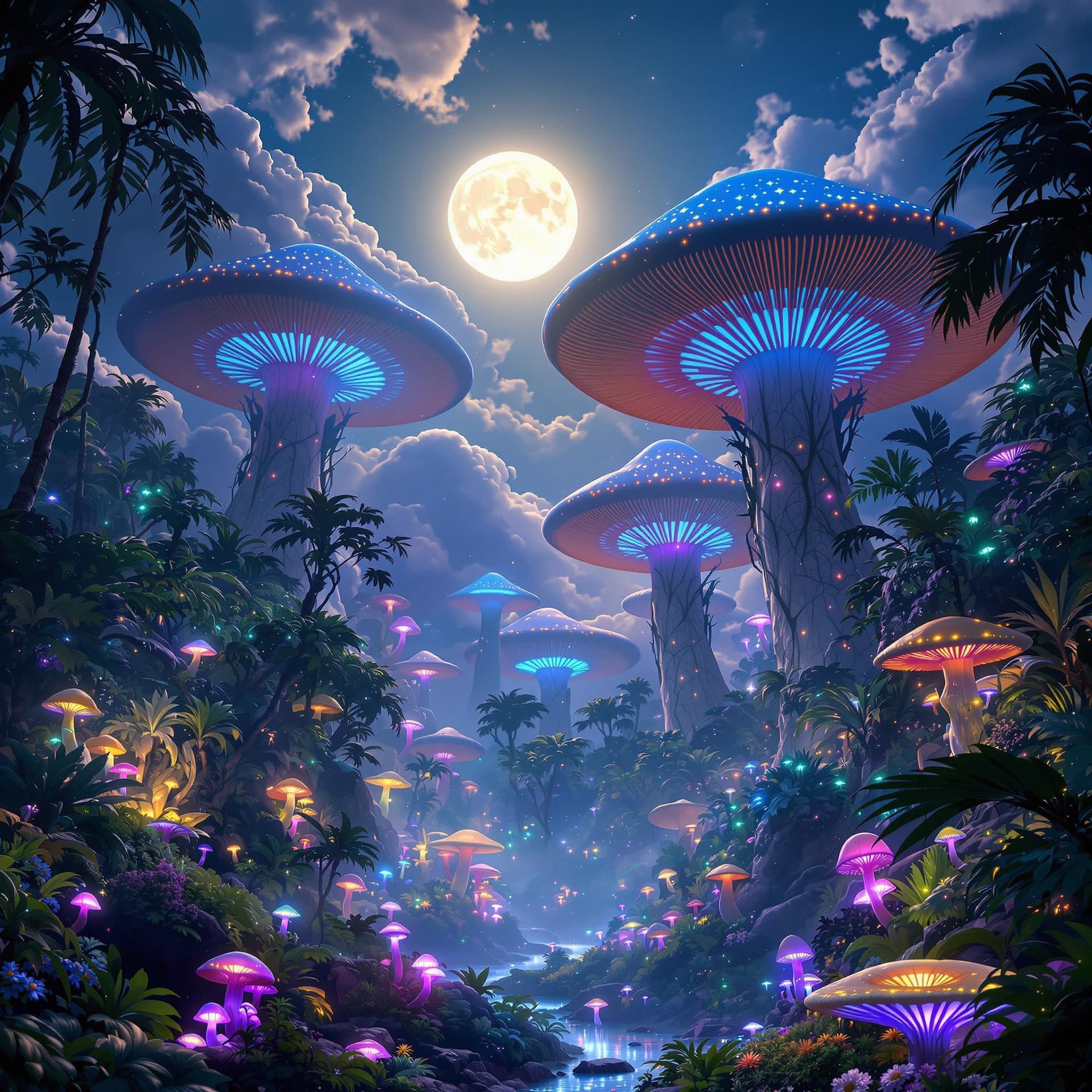 AI generated: A vertical view of an alien tropical jungle, where massive glowing mushrooms with blue and green bio...