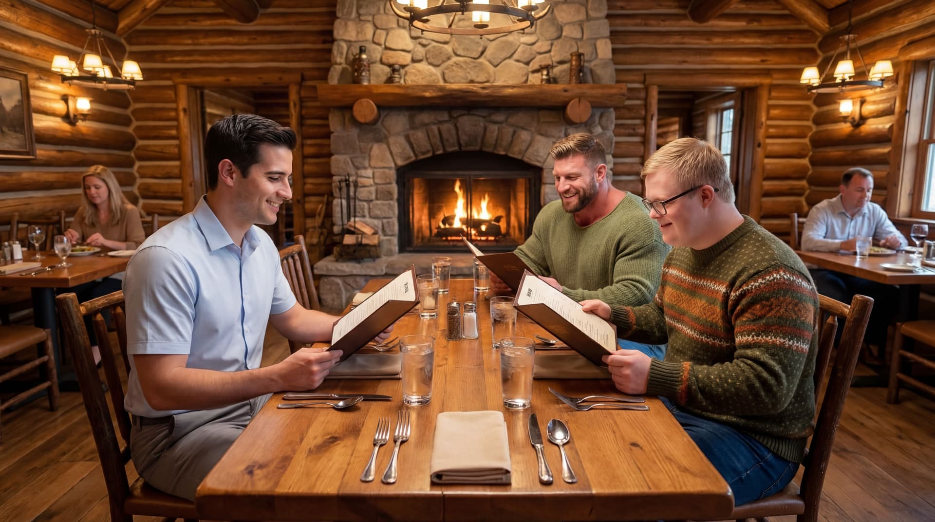 AI generated: At a big and nice Steak House restaurant. The decor is a cabin look. There are a few people in the r...