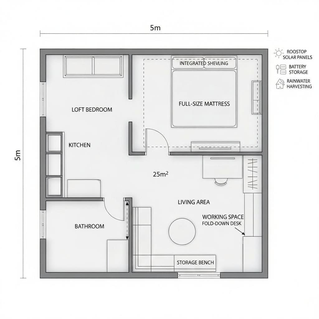 AI generated: The plan of a small energy autonomous house 25m². Place kitchen and bathroom as a protrusion on the ...