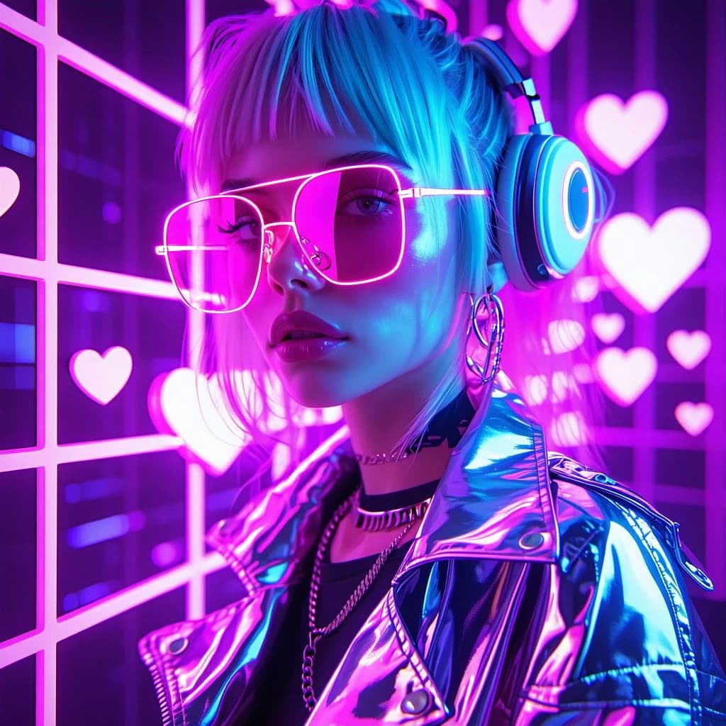 AI generated: A Y2K futuristic digital portrait of a stylish girl with platinum blonde hair, hot pink wraparound s...