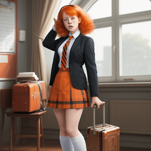 AI generated: masterpiece, mid shot, arafly dressed woman with orange hair and a suitcase, a portrait inspired by ...