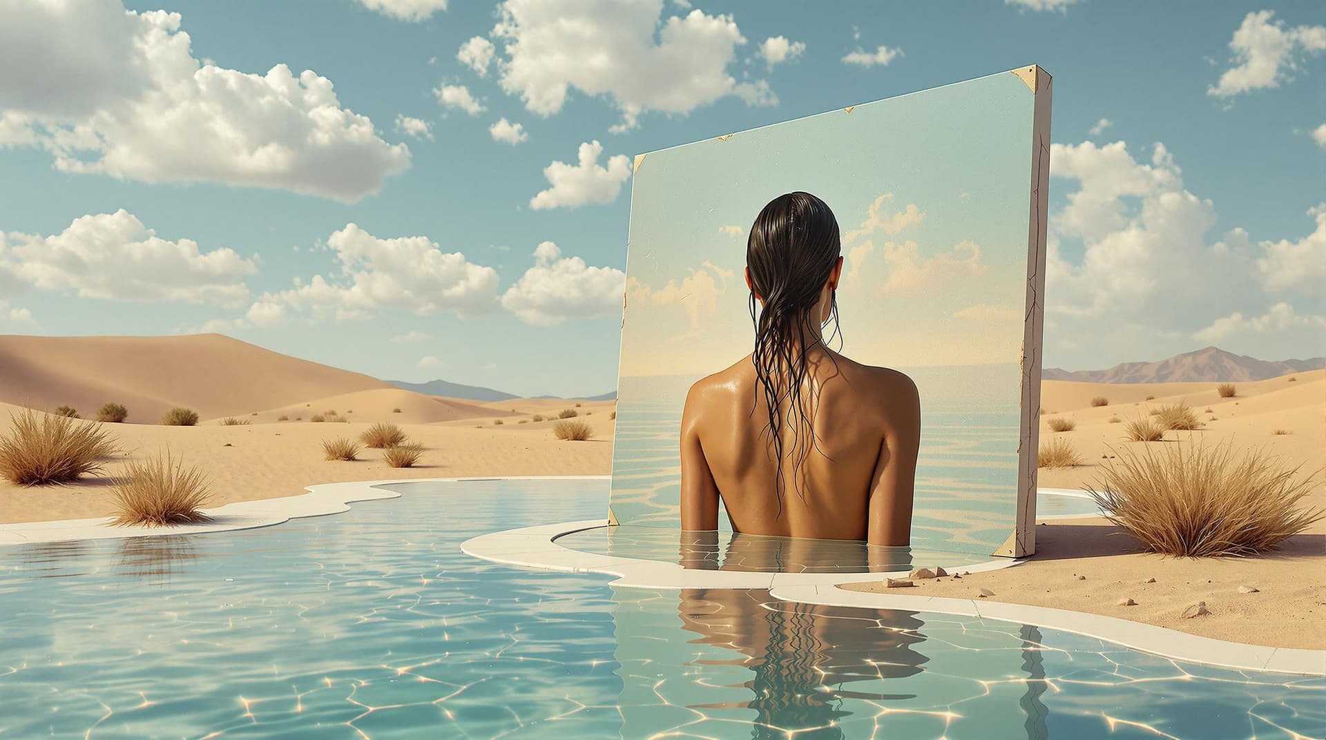 AI generated:  surrealism painting 3d scenery, in the middle of the desert, a giant canvas  in  the right side dis...