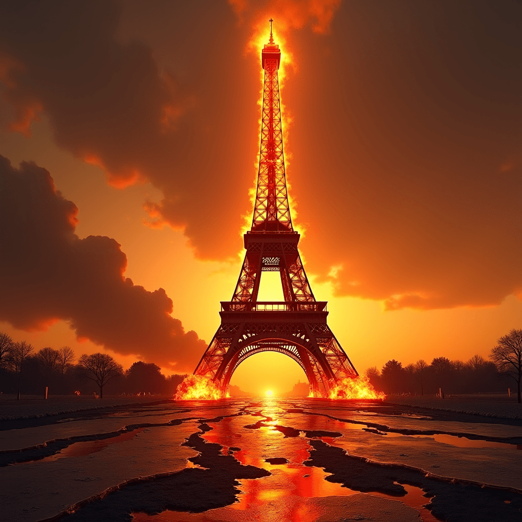 AI generated: An apocalyptic scene where the Eiffel Tower is melting under an intense scorching heat. The iconic i...