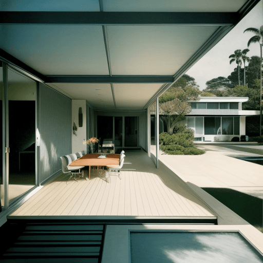 AI generated: Hyper realistic eye level exterior photo of a mid century modern style house overlooking the ocean, ...