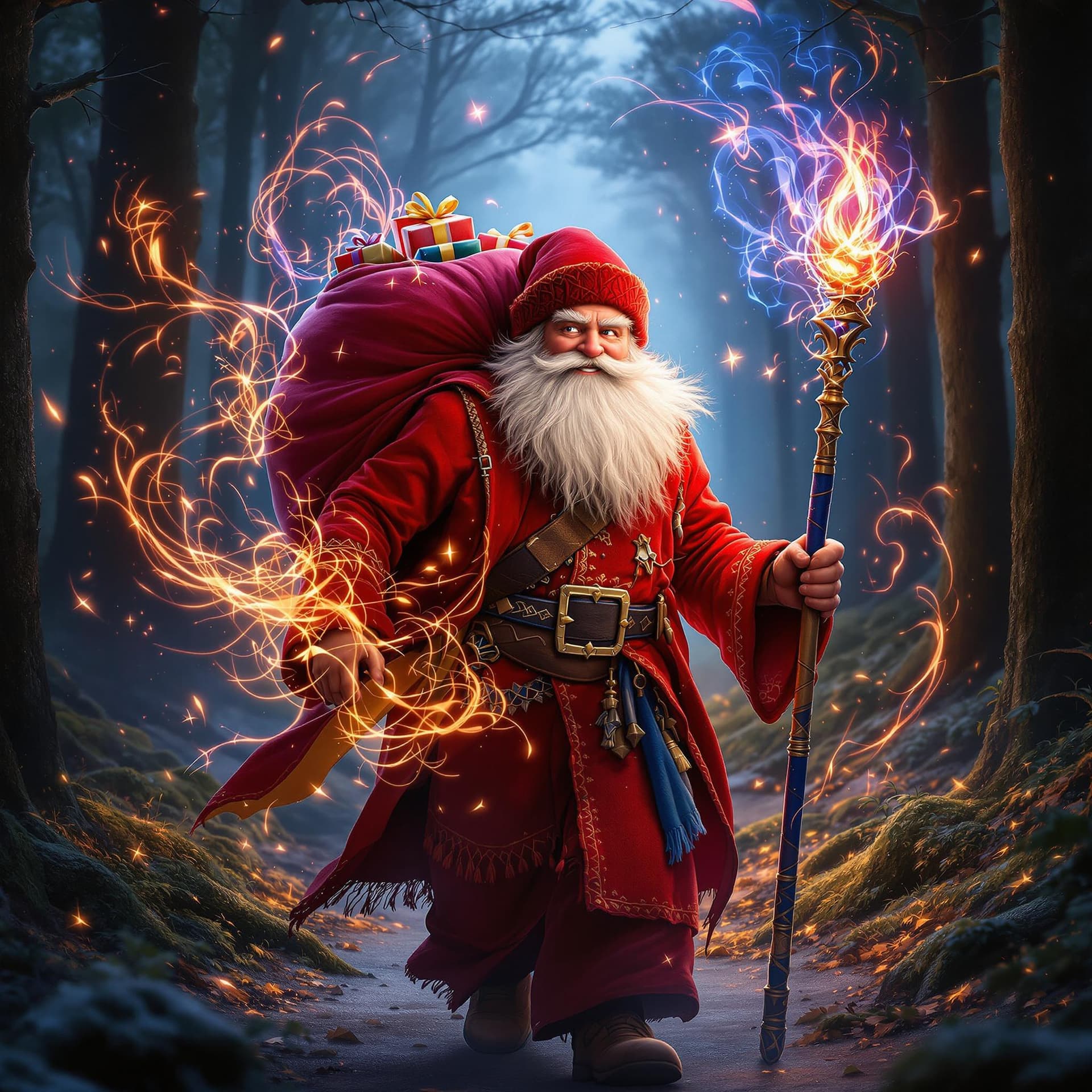AI generated: movie poster, pleased kind russian uncle frost wearing red rocker clothes is depicted in an action p...