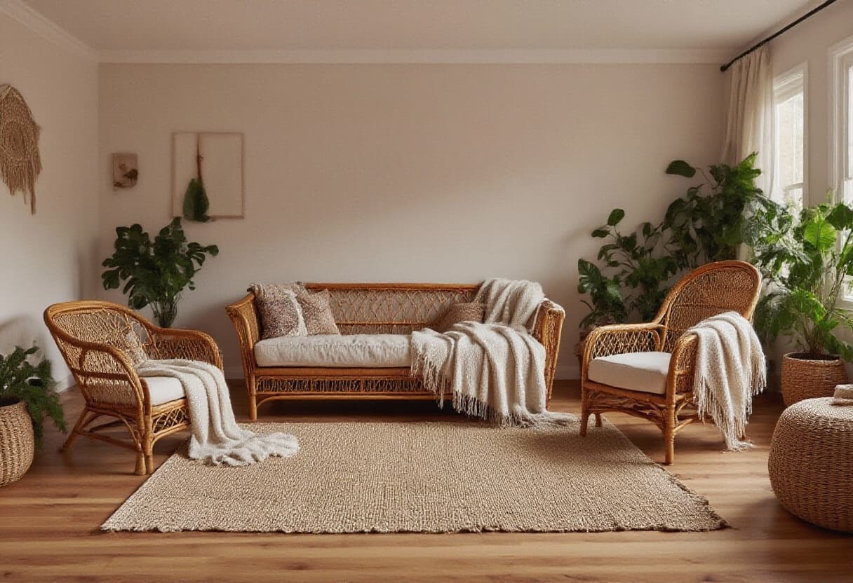 AI generated: A cozy bohemian living room filled with rattan furniture, a jute rug, cotton throws, and indoor plan...
