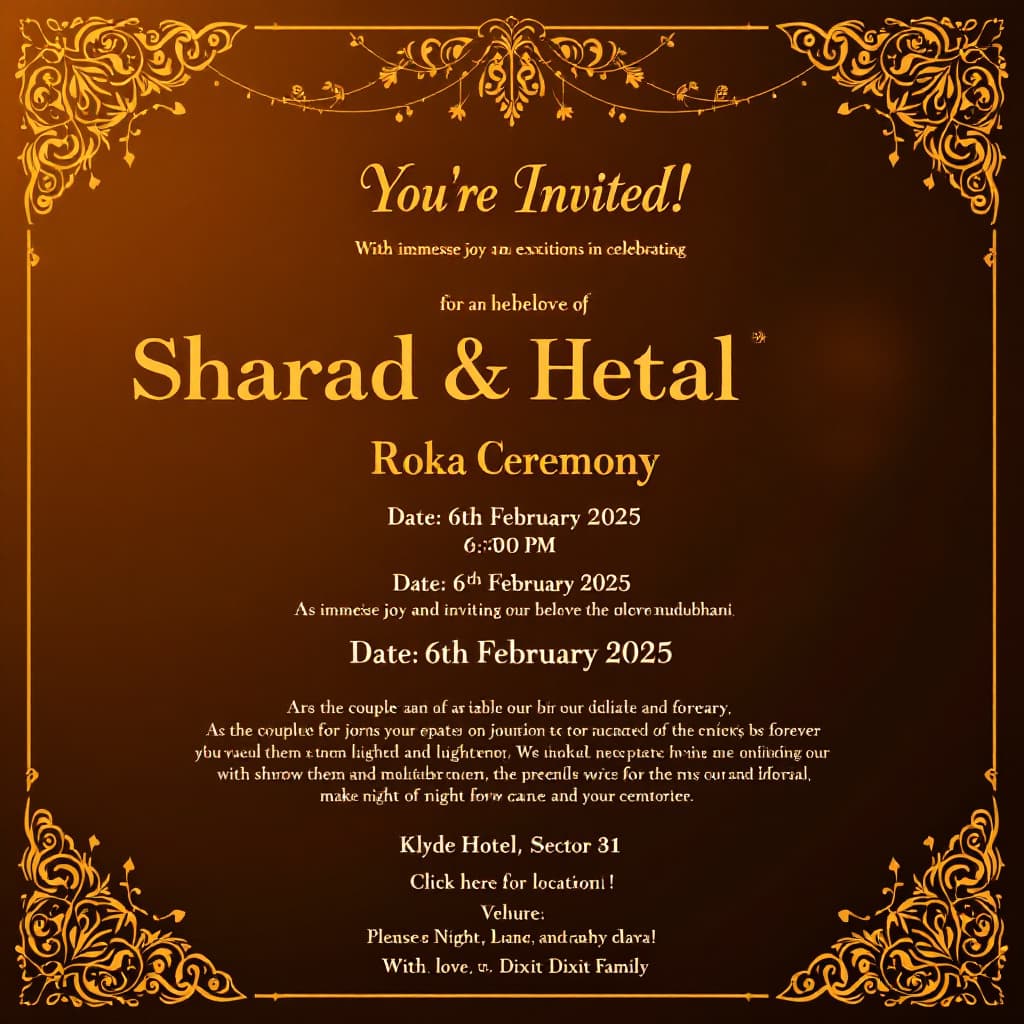 AI generated: A wedding invite image with following details  in english, the invite image to have indian tradition...