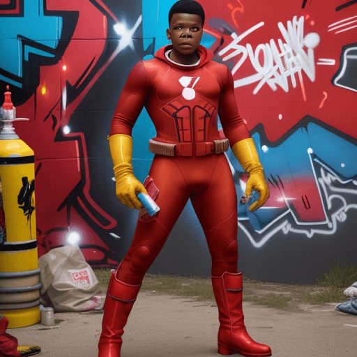 AI generated: JOHN BOYEGA IN A RED SPANDEX SUIT,WITH YELLOW GLOVES AND BOOTS HOLDING TWO SPRAY CANS ... WITH A ZOZ...