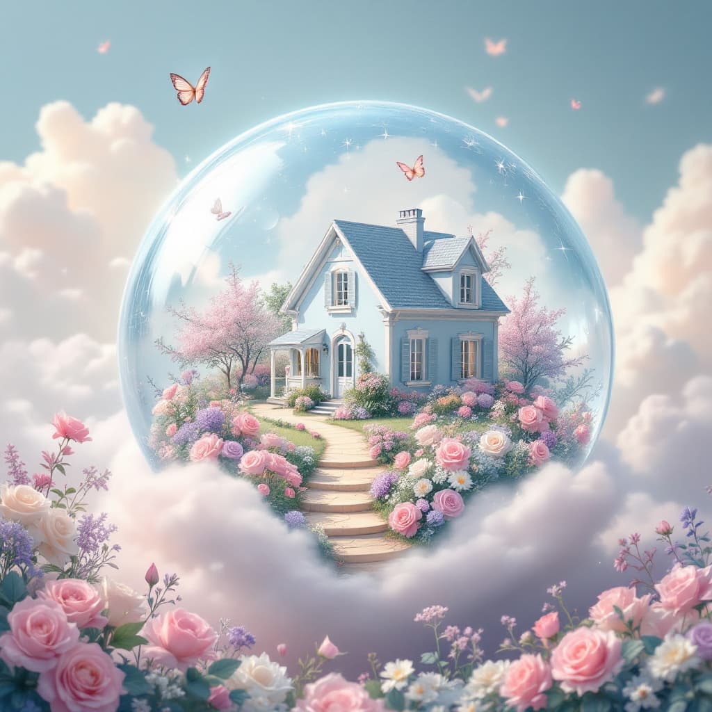AI generated: A quaint, light blue, two-story home nestled in a lush, flower-filled garden, suspended inside a lar...