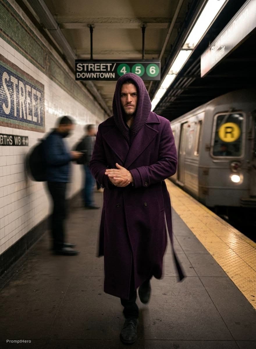 AI generated: fashion editorial photography, motion blur, male model, wearing an wool coat, deep purple color, wal...
