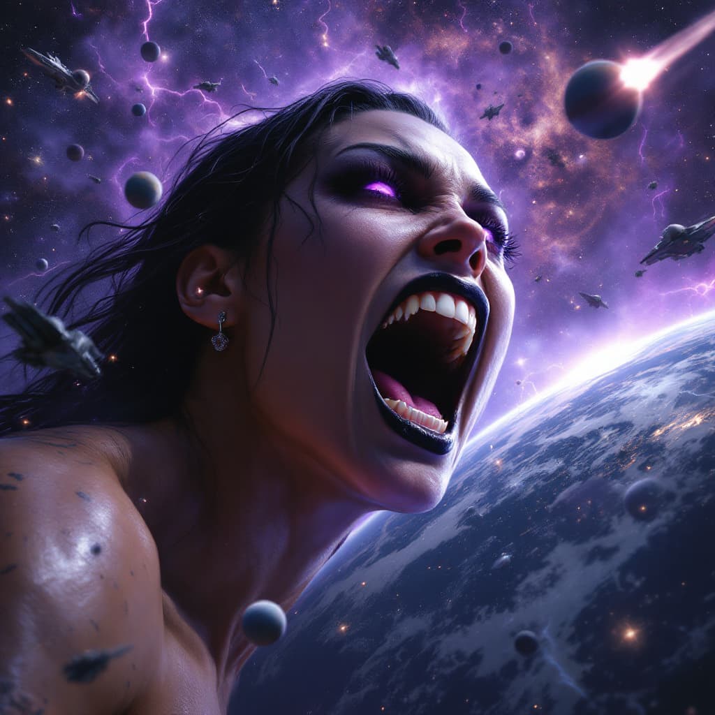 AI generated: enormous giantess Rhea Ripley  from WWE
bigger than a galaxy floating in space, minuscule planets in...