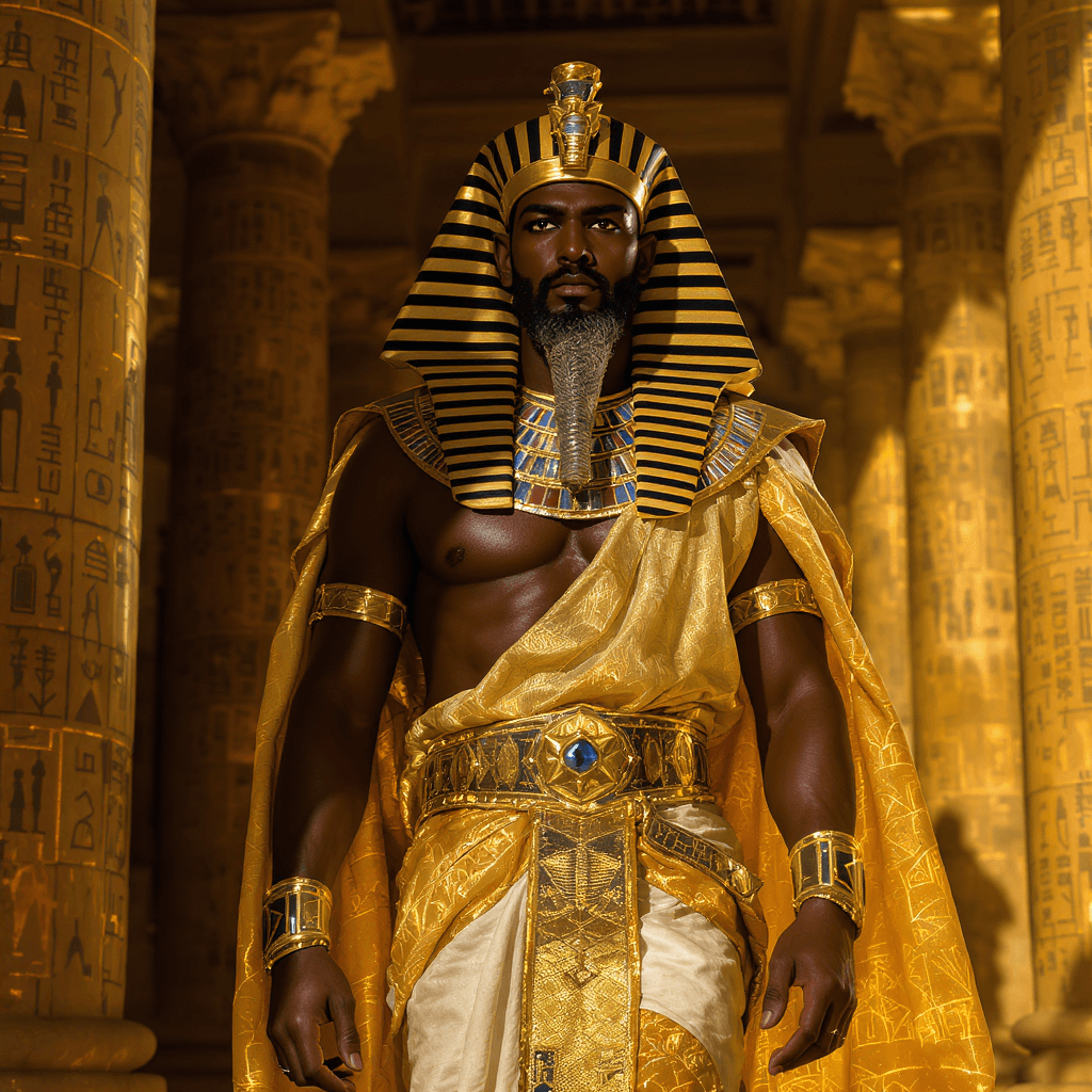 AI generated: "A realistic 40-year-old ancient Egyptian Pharaoh named Nectanebo II. He has deep brown Egyptian ski...