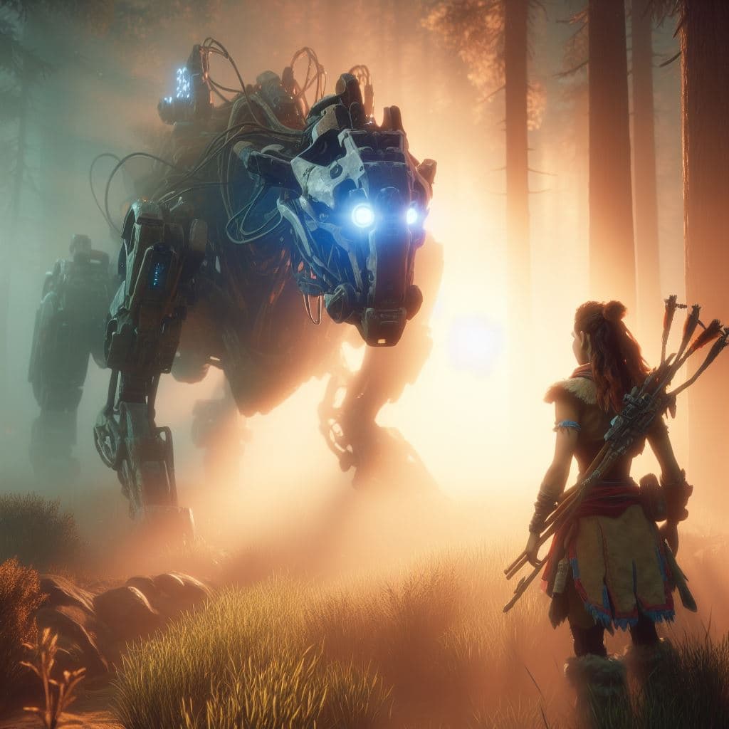 AI generated: aloy,Horizont zero dawn,photorealistic, glow,misty, very high detailed, cinematic scene, robot anima...