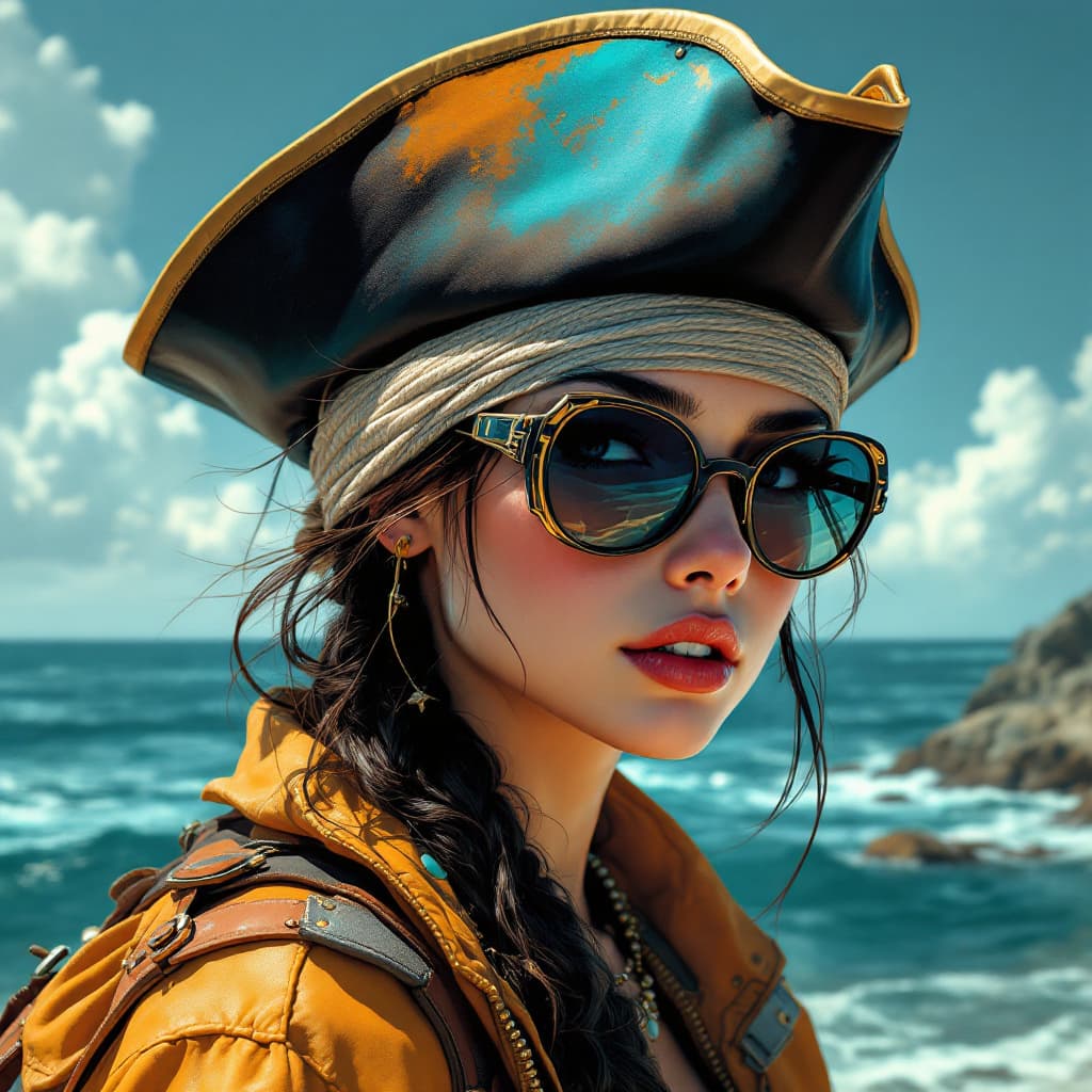 AI generated: a  stunning girl wearing pirate and sunglasses, in the style of otherworldly illustrations, realisti...